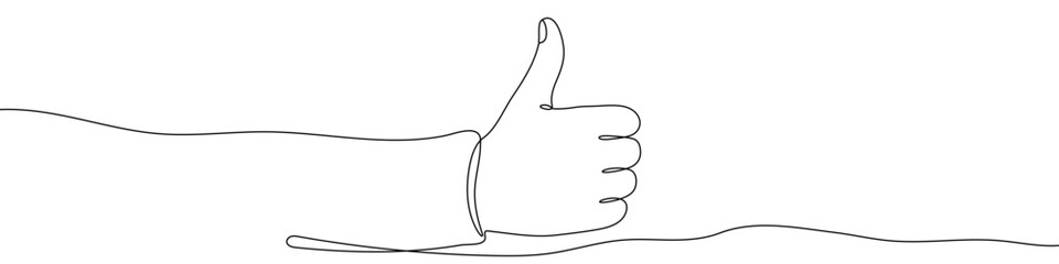 Hand with thumb up in one line art style. Hand drawing with editable black stroke on white background. Vector illustration.