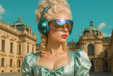 Baroque-haired woman in silk gown wears futuristic mirrored visor headphones outside ornate palace, playful past-meets-future fashion fantasy, generative AI