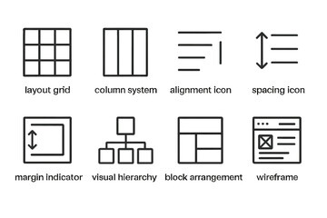 User interface design icons: layout, grid, column, alignment, spacing, margin, hierarchy, wireframe