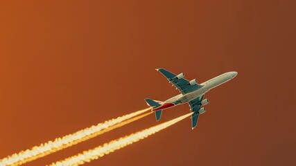Wall Mural - An airplane flies high in the sky, leaving behind trails of condensed water vapor