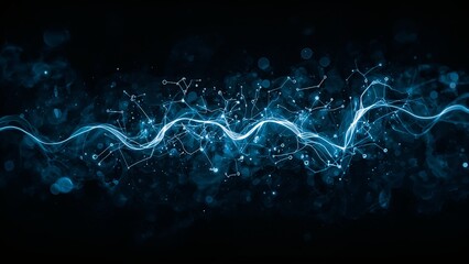 Flowing glowing blue digital wave pulsing through data space, with nodes, lines and bokeh particles