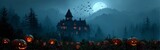 Halloween Festival wide web banner with Haunted House and Glowing Pumpkins, A spooky Halloween festival banner featuring a haunted house surrounded by glowing jack-o’-lanterns in a misty forest