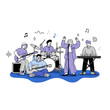 © firdaus - Modern illustration of a music band performing. Young people playing instruments together.