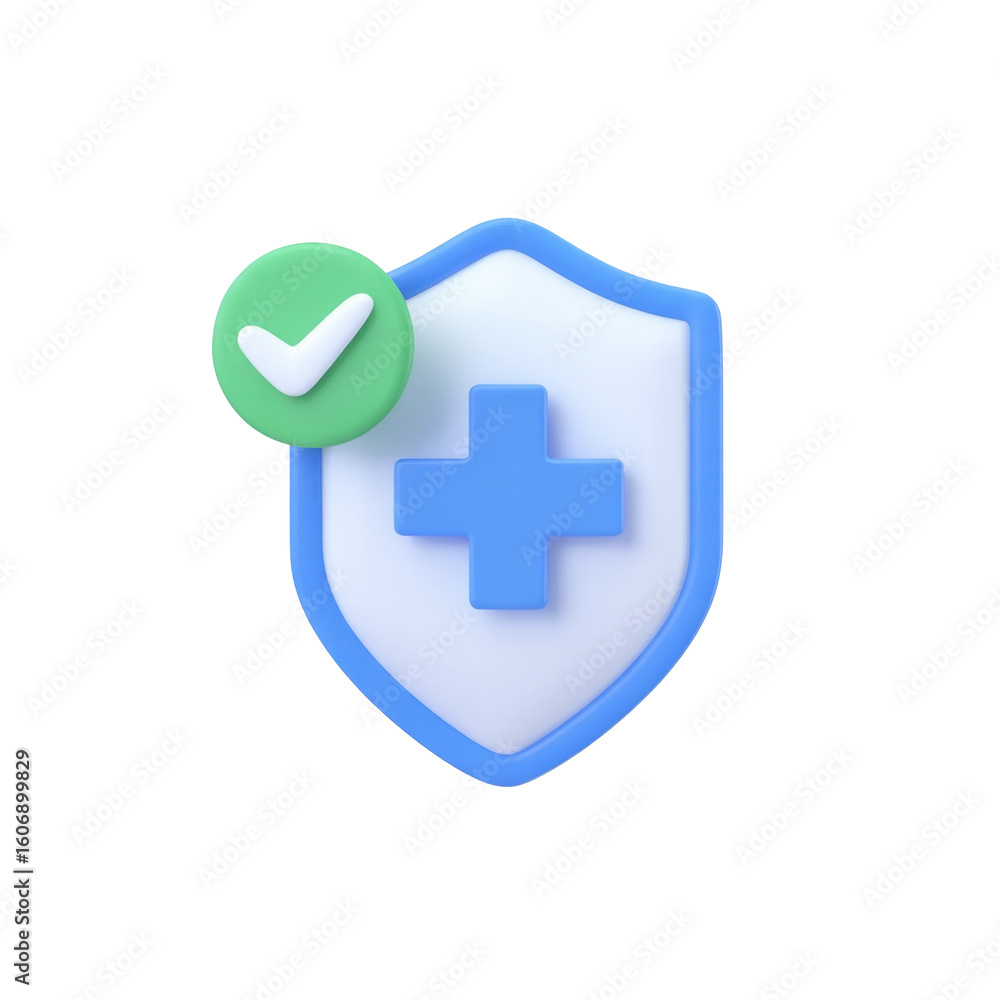 3d shield icon with cross symbol and green check mark on black ...
