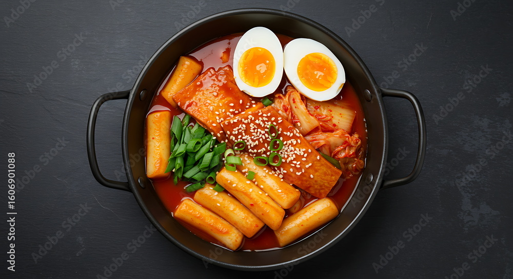 Tteokbokki Korean spicy rice cakes with boiled egg and kimchi の Stock ...