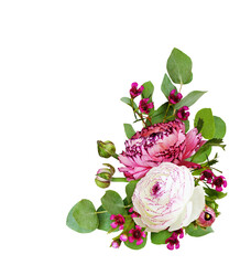Wall Mural - ranunculus, waxflowers abd eucalyptus leaves in a floral corner arrangement isolated on white or tra