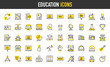 © Picvault - Education vector icons. Pass, Painting, Fail, Classroom, Printer, Exam, ID, Theater, Projector, Graduation Cap, Graphic Design, Professor, Chemical, Online Learning illustration.