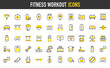 © Picvault - Fitness workout vector icons. Cardio, Elastic Band, Lose Weight, Phone, Timer, Kcal, Towel, Fitness, Running Shoe, Treadmill, Gym Clothes, Dumbbells, Punching Bag illustration.