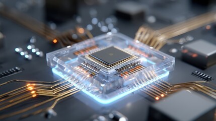 Wall Mural - complex network of golden wires connecting to a microchip encased in transparent material, glowing w