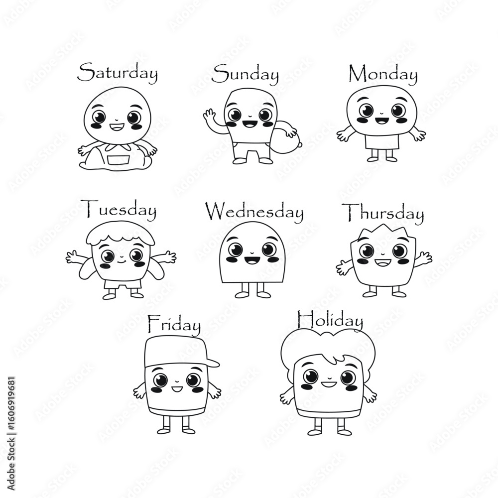 Cute Cartoon Characters Representing Days of the Week and Holiday Stock ...