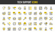 © Picvault - Tech support vector icons. Tools, Support, Chat Bot, Server, Virus, Network, Translate, Laptop, Mobile Service, User, Email, Browser, Waiting, Testimonial, Solved illustration.