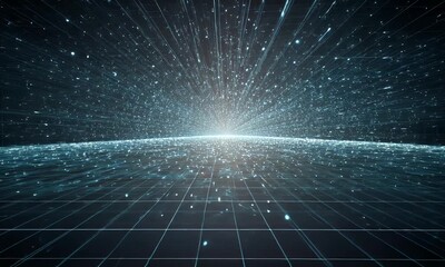 Sticker - Dark Blue and Teal Digital Data Network Visualization with Bright White Light Glowing Particles and Lines Flowing in a 3D Perspective Grid Space
