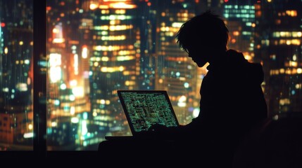 Digital Nomad in a Futuristic Metropolis: Anonymous Coder Working Late at Night