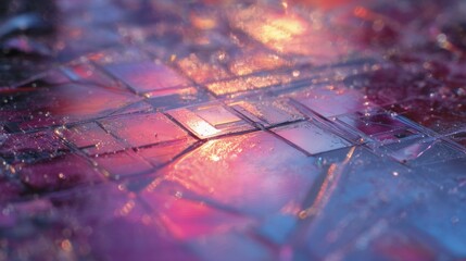 Wall Mural - macro shot of a translucent surface filled with embedded microchips reflecting the dynamic hues of c