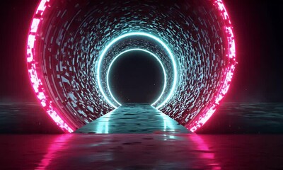 Sticker - Futuristic Neon Pink and Blue Glowing Circle Portal on Dark Reflective Water Surface Seamless Looping Animation