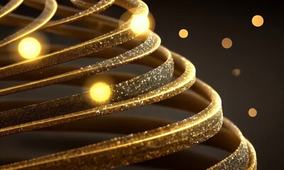 Wall Mural - golden glitter spiral rings rotating on dark background: premium motion graphics animation with glow