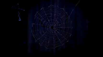 Intricate dew-kissed spiderwebs shimmer in the dark, a natural network of delicate design