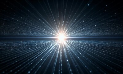 Sticker - Intense Blue and White Light Rays with Glowing Particles in a Dark Background: A Dynamic Abstract Animation of Energy and Movement