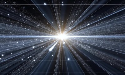 Sticker - Intense Burst of Radiant Light Rays and Glowing Particles in a Dark Cosmic Space Background Featuring Dynamic Whirlwind Motion of Bright Stars and