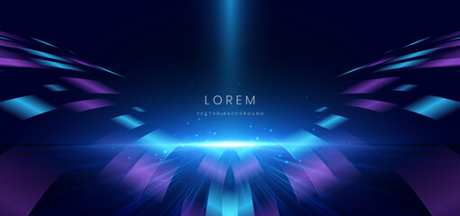 Wall Mural - blue and purple geometric curve with lighting effect on dark blue background.