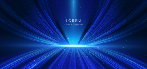 Wall Mural - blue light lines curved on dark background with lighting effect and sparkle. speed motion blur effec