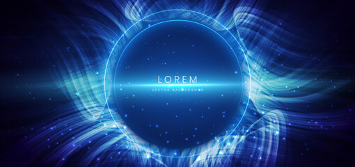 Wall Mural - blue glowing wave lines with circle lighting effect and sparkle on dark blue background.