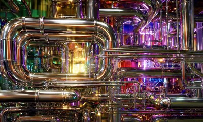 Wall Mural - intricate network of shiny gold and purple metallic pipes complex geometric shapes colorful glowing 