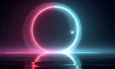 Wall Mural - Neon Circle Glowing Brightly on Dark Reflective Water Surface, Red and Blue Light Reflection, Abstract Futuristic Technology Background, 3D Digital
