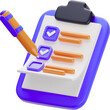 © PIXELORA - Vibrant 3D illustration of a task list on a clipboard. A pen marks a completed item, symbolizing productivity and organization.