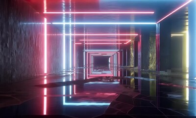 Wall Mural - reflective floor neon lights tunnel with glowing red blue pink and yellow colors abstract background