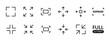 © Chelpanoff - Fullscreen icon set. Expand and minimize screen view with directional arrows vector illustration. Resize and adjust display symbol. Zoom control sign. Screen mode adjustment pictogram.