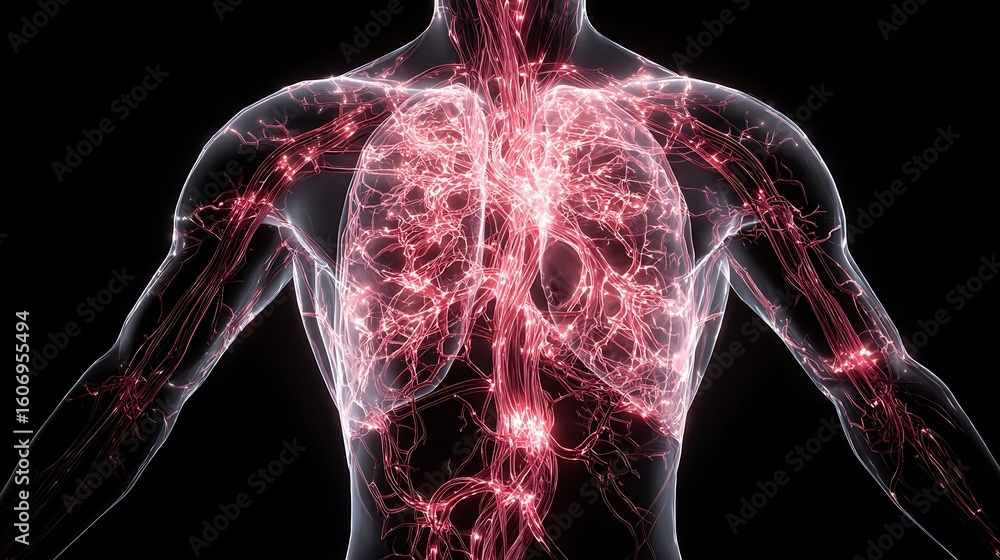 complex veins and arteries network glowing inside torso Stock ...