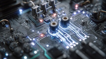 Wall Mural - complex electronic circuit board showcasing intricate connections, glowing components, and advanced 