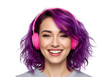 © Songpong - Woman with purple hair wearing pink headphones and smiling on transparent background
