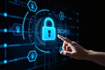 a person's finger touching a glowing blue padlock on a digital screen, representing cybersecurity an