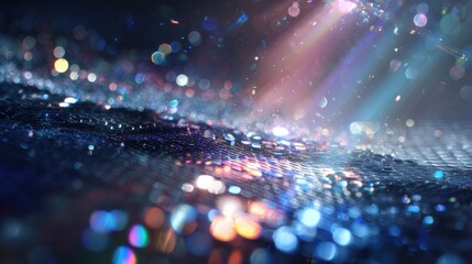 Wall Mural - Light beams are reflecting on glittering sequins, creating a beautiful bokeh effect with colorful, blurred circles of light against a dark background, perfect for festive or celebratory designs