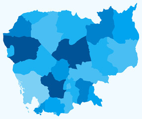  Map of Cambodia with regions. Just a simple country border map with region division. Light blue color palette. Blank Cambodia shape with administrative division. Vector illustration.