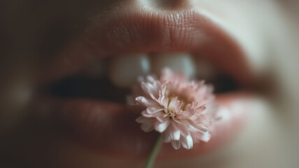 Wall Mural - close up fine art image of pink daisy near woman lips