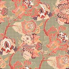 ornamental floral grid seamless pattern