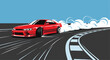 © Akhmad - Vector illustration of a red sports car drifting on a race track, with smoke effects and dynamic speed lines.