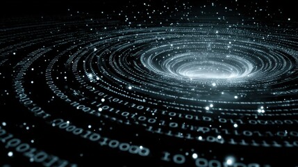 Wall Mural - an abstract representation of digital data swirling in a vortex of binary code against a starry back