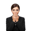 © Info Graphic - Surprised businesswoman covering her mouth with hands in shock isolated on transparent background