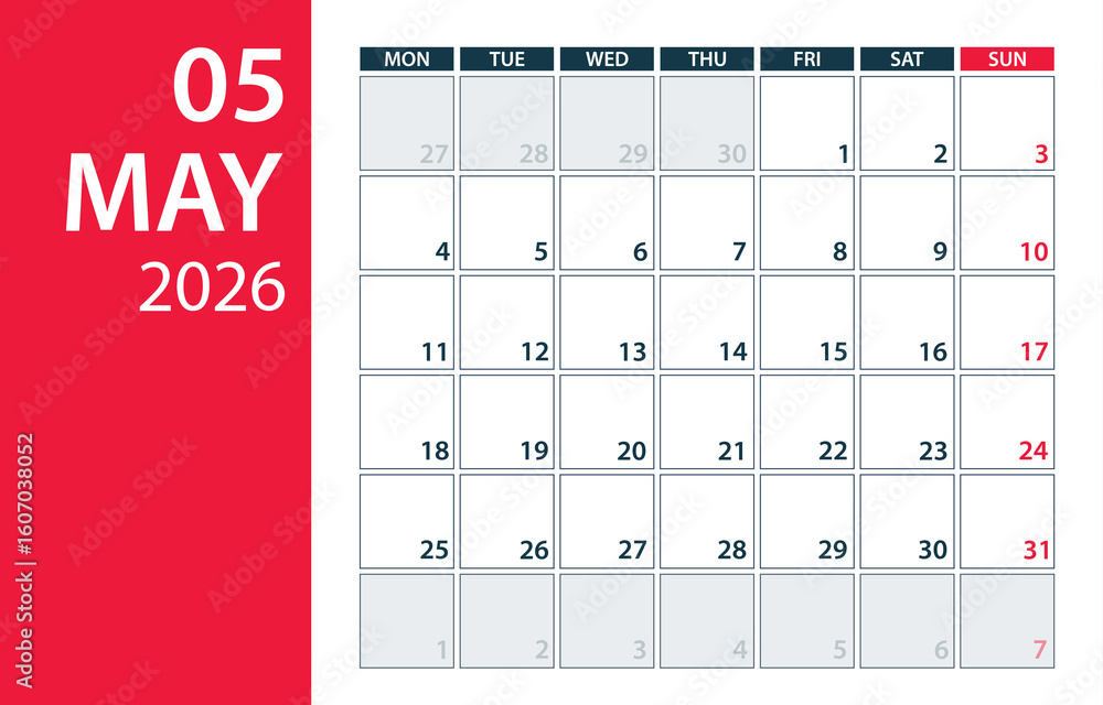 May 2026 Calendar Planner - vector illustration. Template. Mock up ...