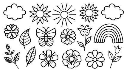 Hand drawn nature doodles collection. Simple black outline drawings.