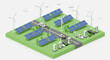 © Santiago - Sustainable energy park with solar panels and wind turbines in isometr