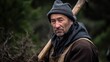 © Esma - Portrait of an elderly man, dressed as a traditional Slavic peasant with a gray woolen hat and a modern but worn hooded sweatshirt, holding a wooden farming tool on his shoulder, outside in the forest