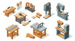 © Tokar Rostyslav - Isometric workshop tools and machinery set for woodworking enthusiasts