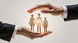 © lamin - Businessman two hands protecting family wooden model for insurance and assurance life concept. Financial security, health protection, risk management, happy parents care, safe investment service