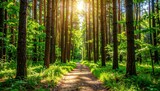 Ścieżka prowadząca przez wiosenny zielony las skąpany w promieniach słońca