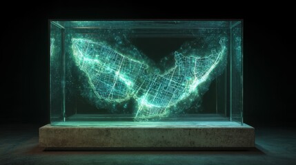 Wall Mural - bioluminescent organisms are illuminating the outline of a city map made of basalt glass windows. hi